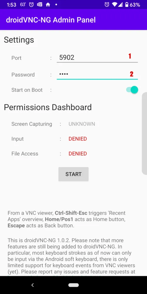 Droidvnc App - Set The Port And Vnc Password